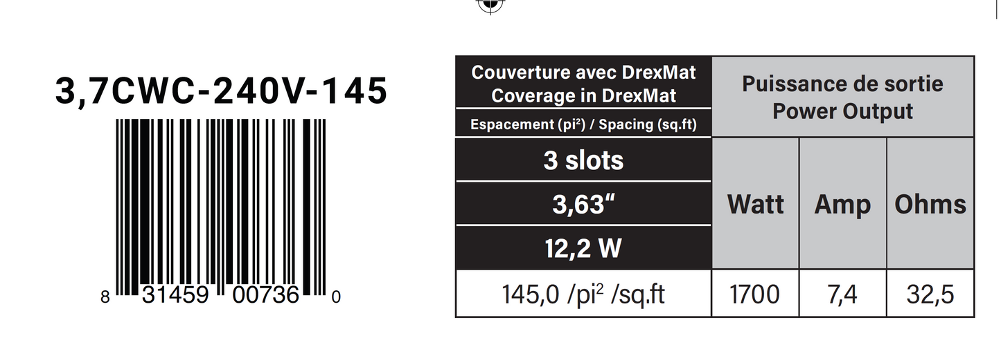 Underfloor Heating Cable System 3.7 Watt - 3 slots - 479 ft - 145 sf