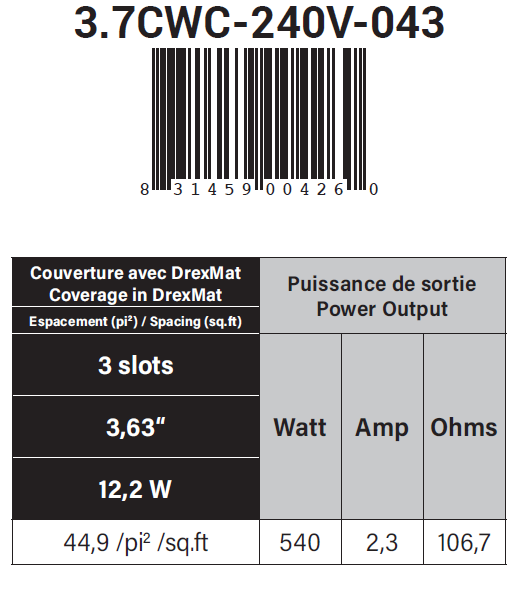 Système de câble chauffant par le sol 3,7 watts - 3 fentes - 148,5 pi - 44,9 pi²