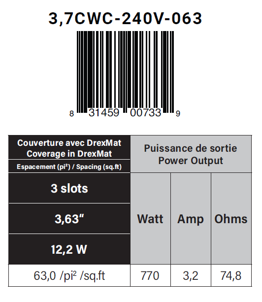 Underfloor Heating Cable System 3.7 Watt - 3 slots - 208 ft - 63 sf