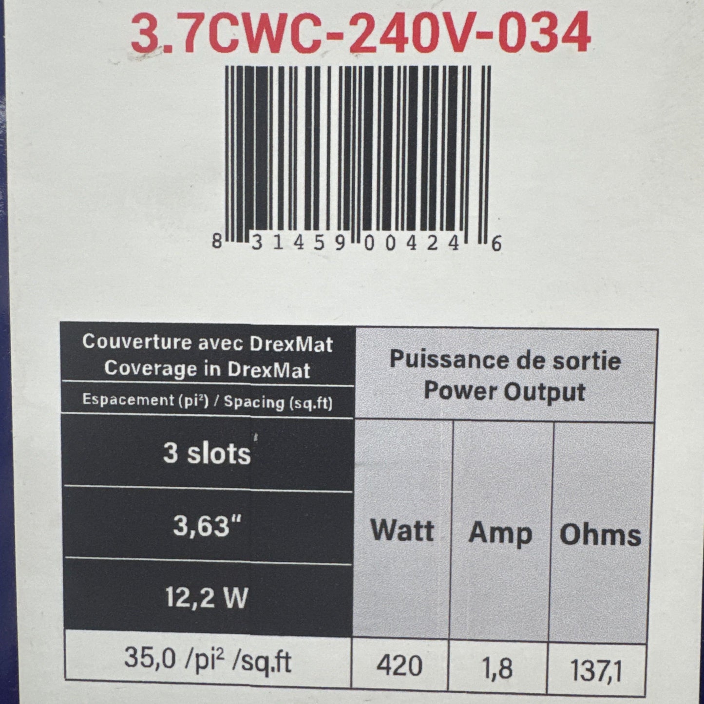 Underfloor Heating Cable System 3.7 Watt. - 3 slots - 115.5 ft - 35.0 sf