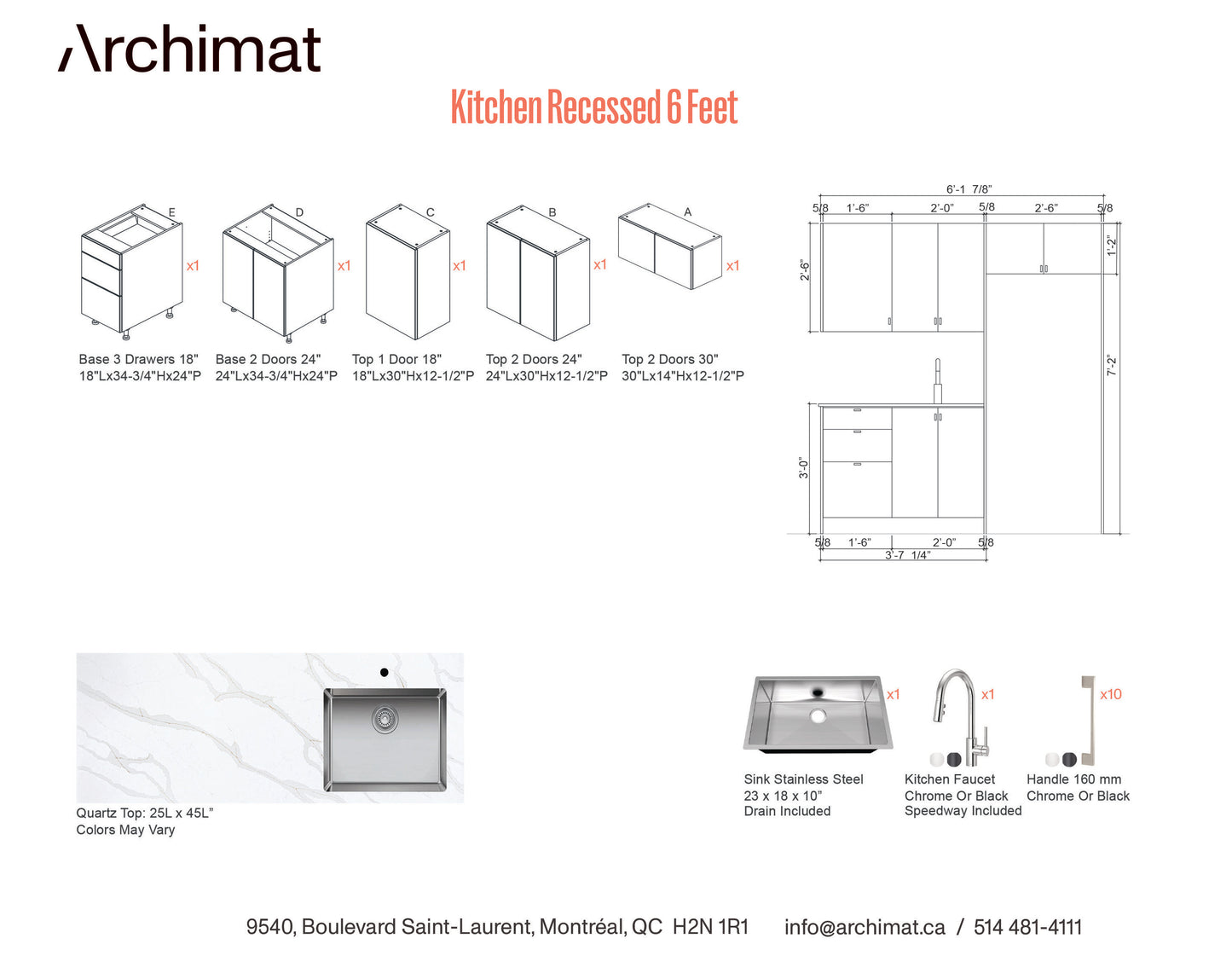 CUISINE ENCASTRÉE DE 6 Pieds - 5 Couleurs