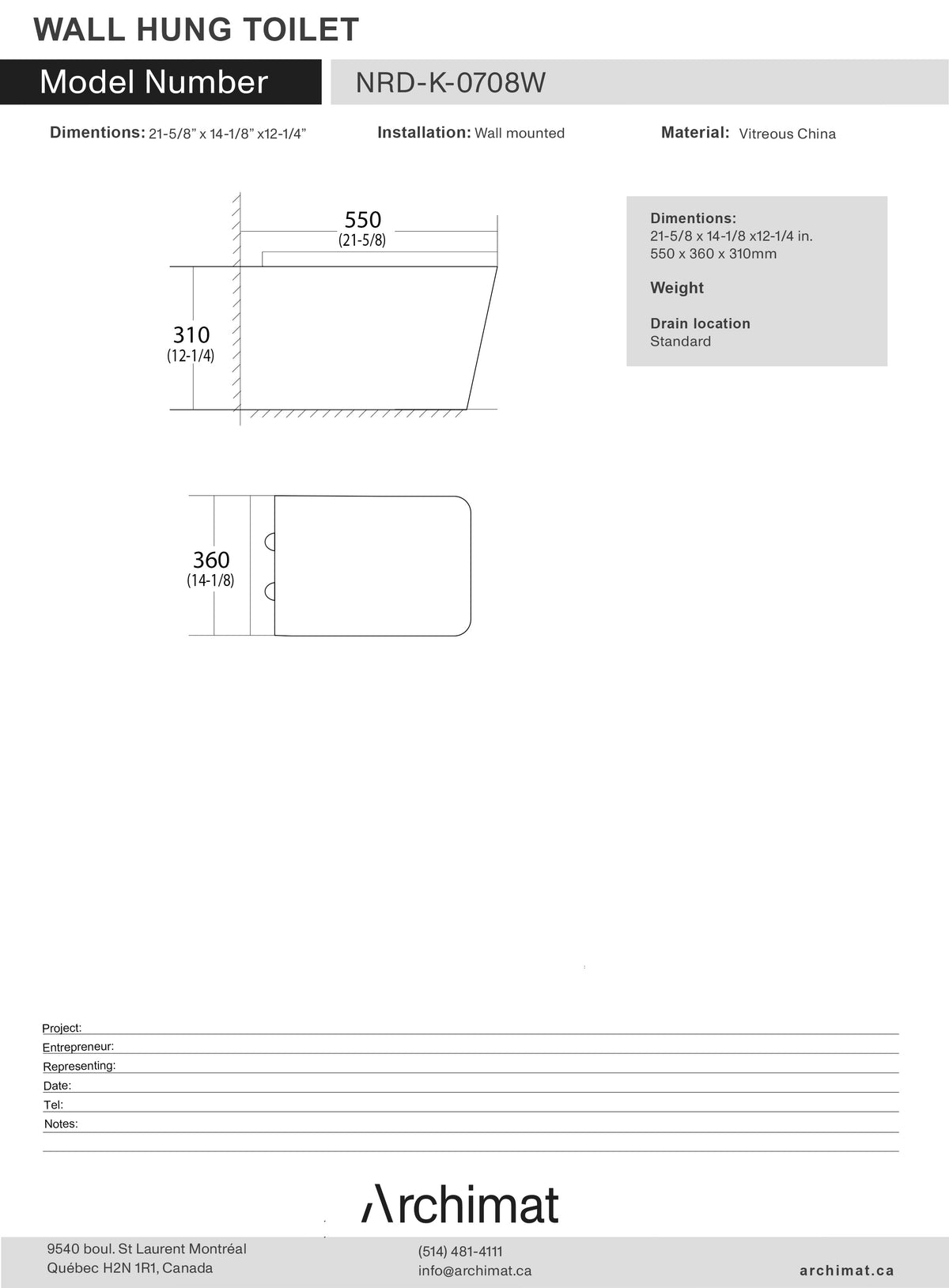 Toilettes suspendues 21 – 5/8 x 14 – 1/8 x 12 – 1/4 po (550 x 360 x 310 mm) NRD-K-0708W