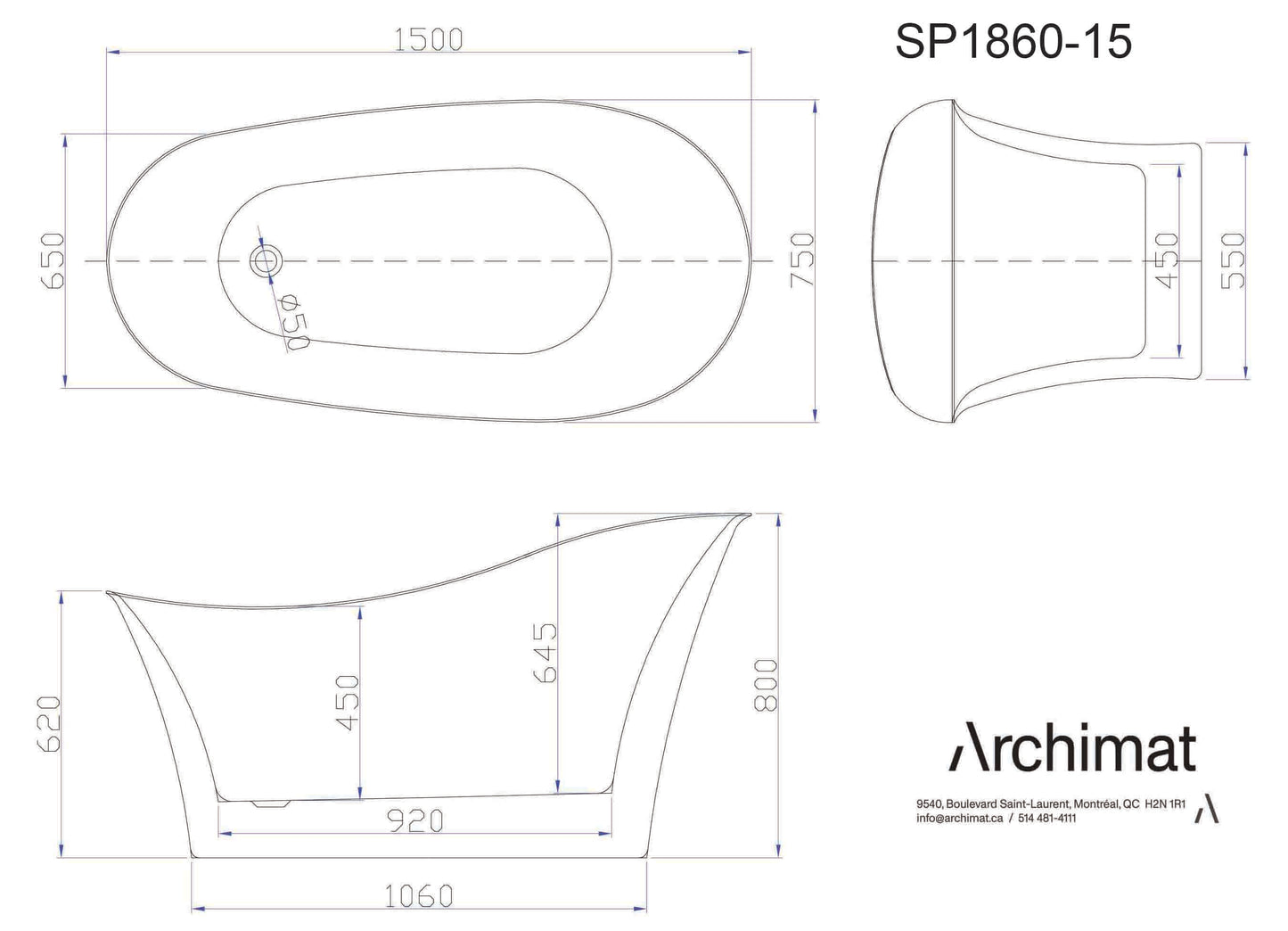 Halifax Freestanding Bathtub, White Size: 59×29½×31½ in (1500×750×800mm) - SP1860-15