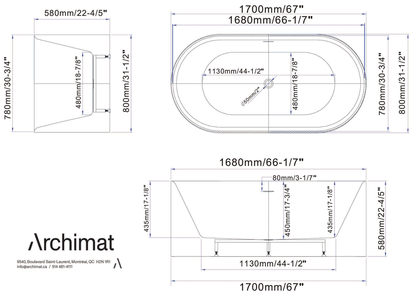 Freestanding Bathtub, White Size: 67×31½×22-4/5 in (1700×800×580mm)