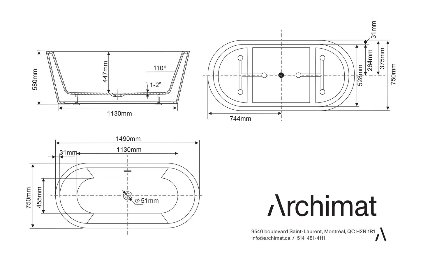 Toronto Freestanding Bathtub Size : 59 x 29.5 x 22.8 in. (1490 x 750 x 580 mm) AJ-6815-NSW-WT