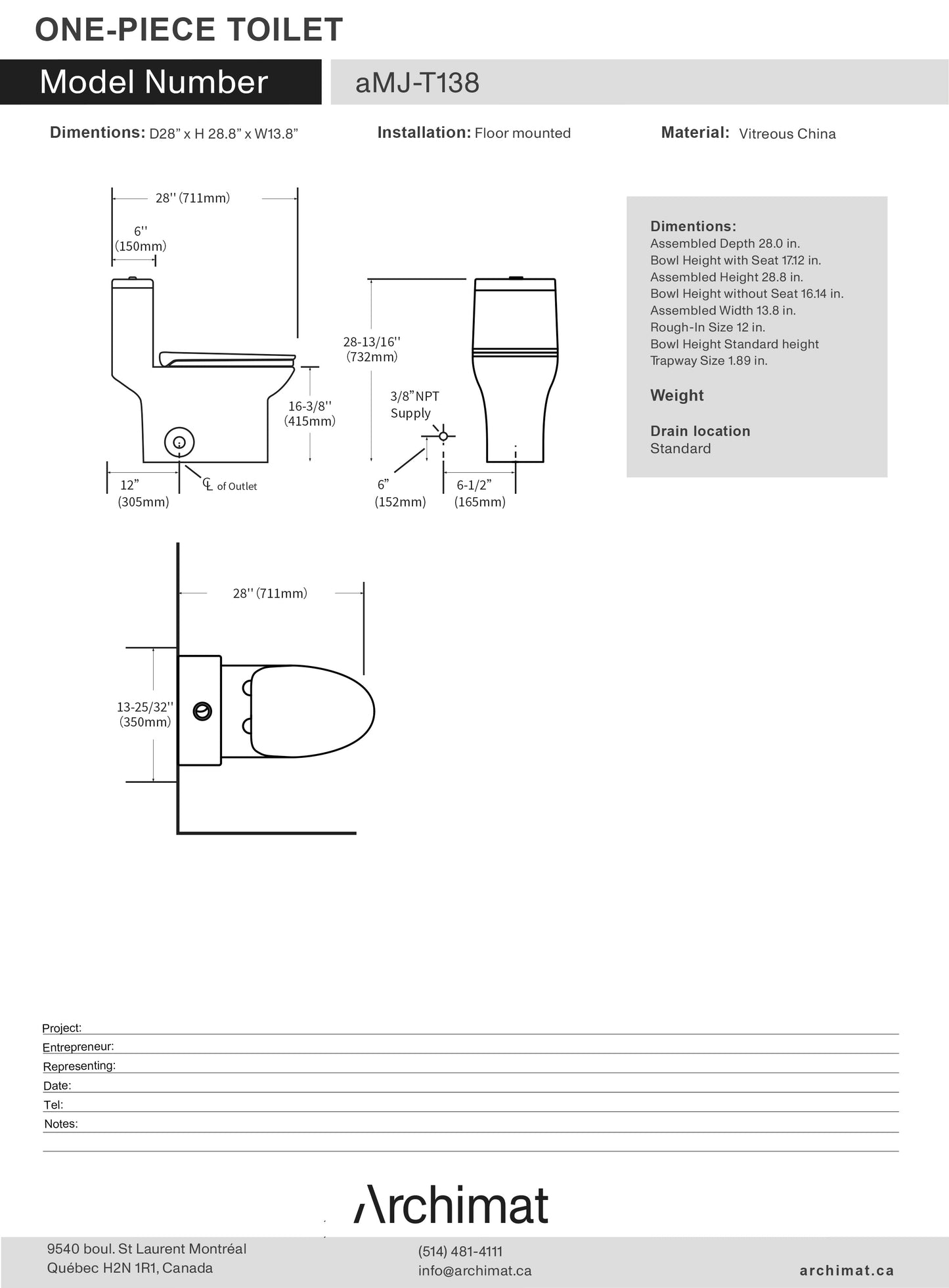 One-piece toilet, elongated bowl shape aMJ-T138