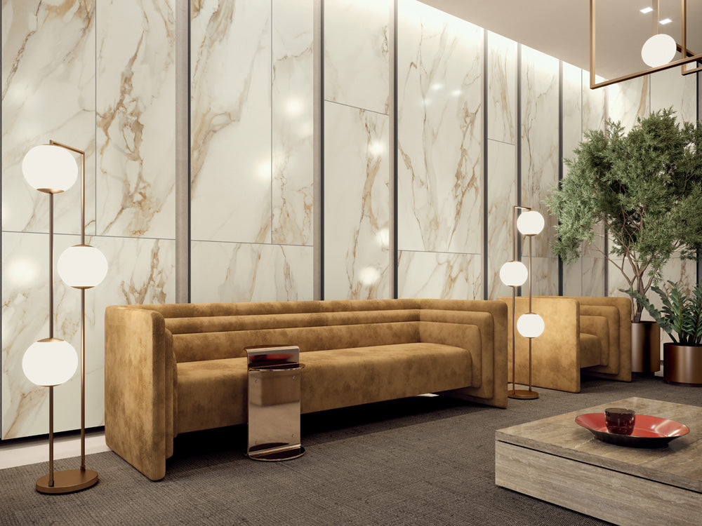 Carrelage en céramique de porcelaine - Collection Versilia Gold disponible en 3 tailles, 1 couleur et 2 finitions.