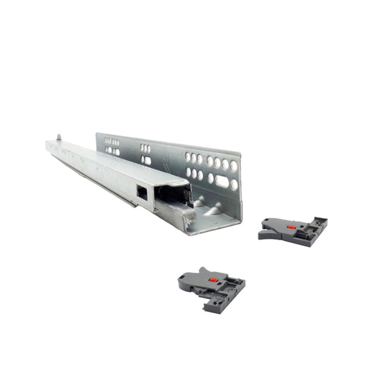 Coulisse à montage par le bas, dissimulée, synchronisée, à pleine extension, à fermeture amortie