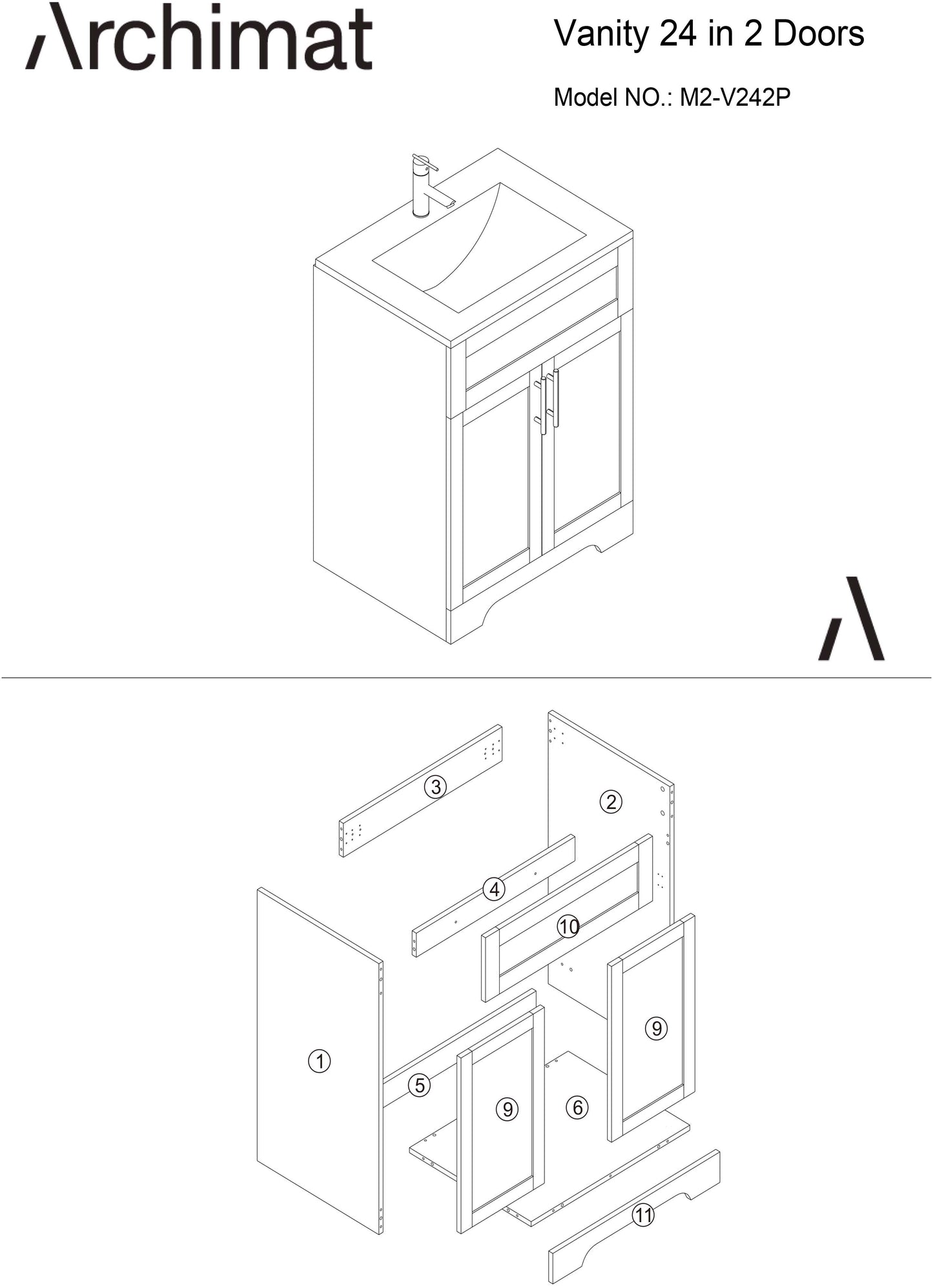 Vanity 24 in 2 Doors  With Countertop 3 Colors
