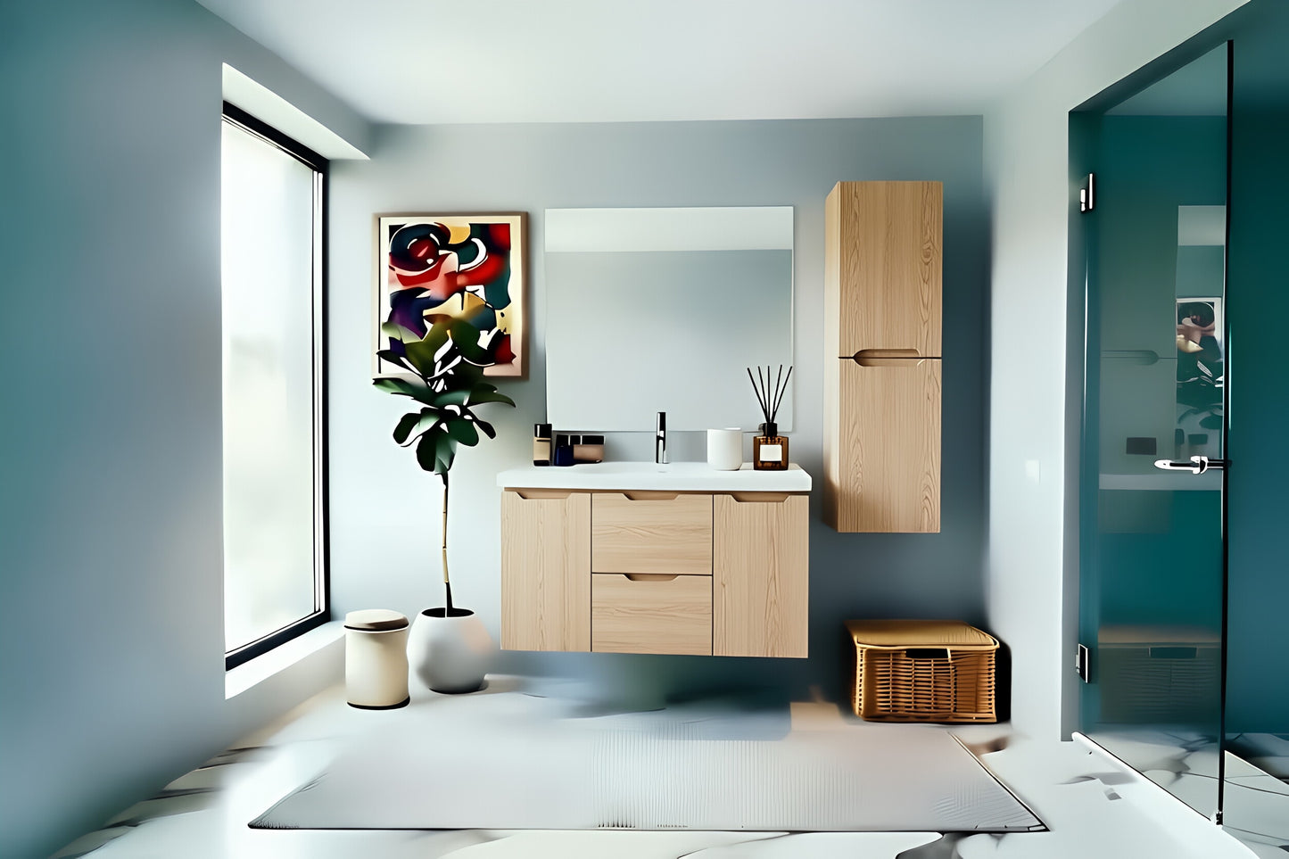 Vanity Suspended 48 in 2Drawers 2Doors Undermounted slider with countertop 5 Colors