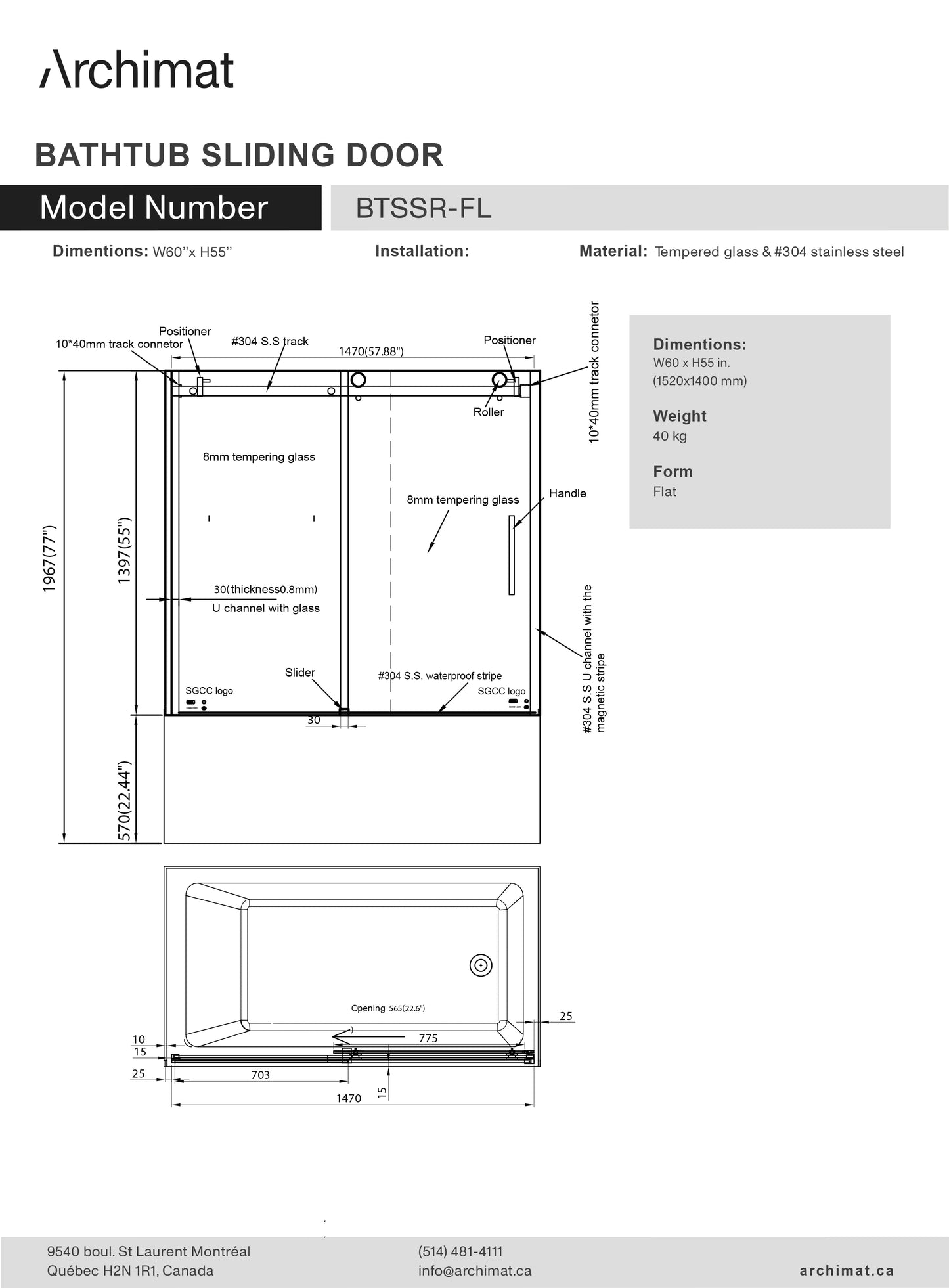 Porte de baignoire coulissante L60 x H55 po Tube plat - BTSSR-FL