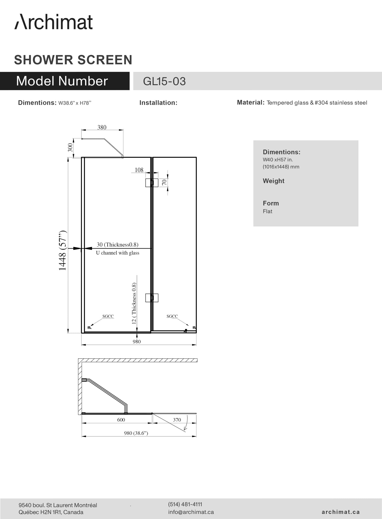 Shower Screen Bathtub W40 x H57 in.(1016 x 1448 mm) - GL15-03