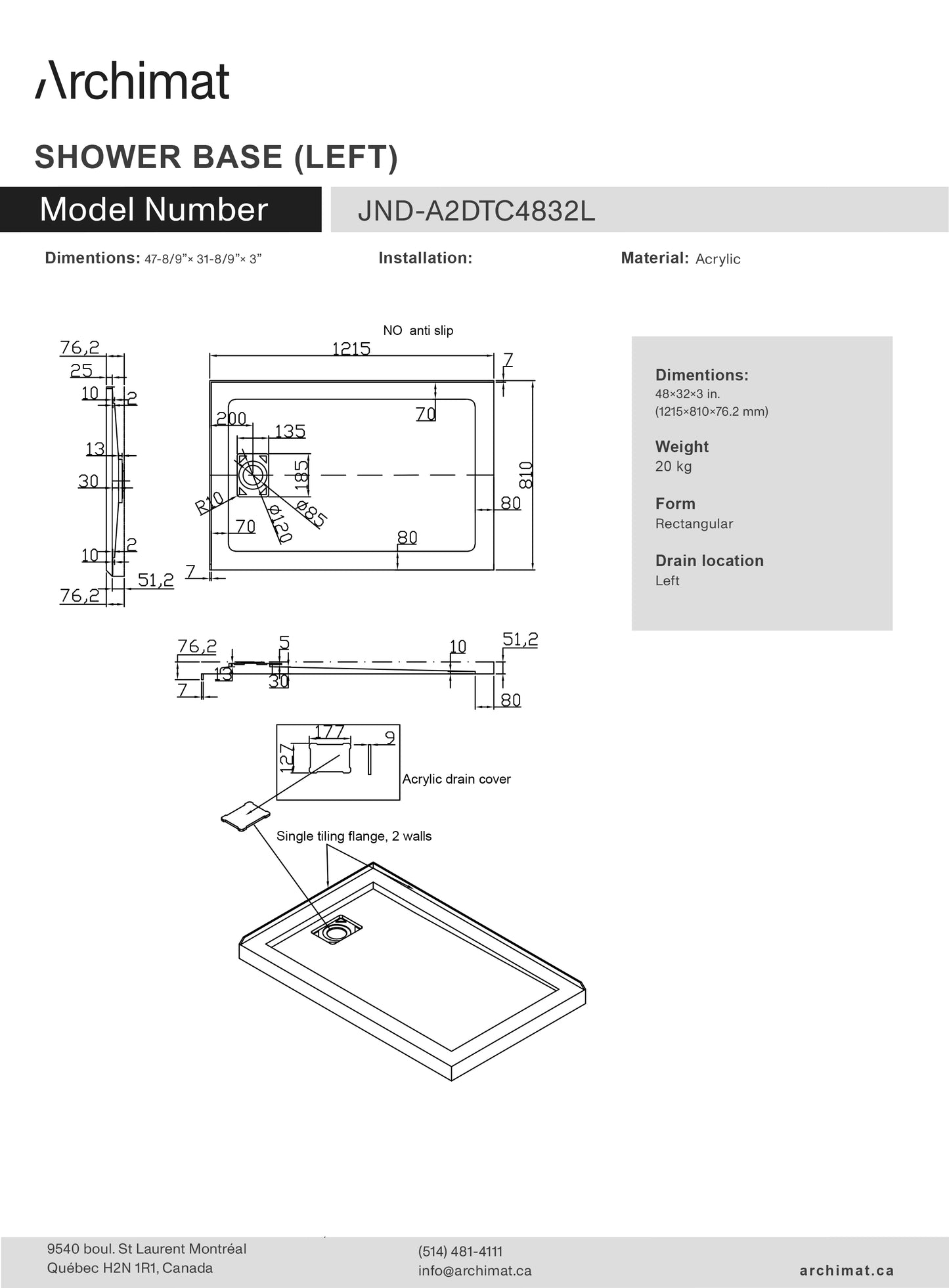 Shower base Rectangle left drain 48x32x3 in - JND-A2DTC4832L