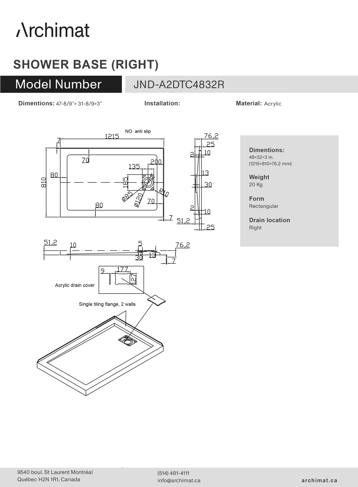 Shower base Rectangle Right Drain 48x32x3 in - JND-A2DTC4832R