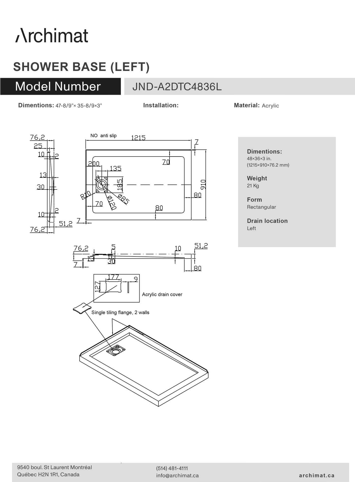 Base de douche rectangulaire avec drain à gauche 48x36x3 po - JND-A2DTC4836L