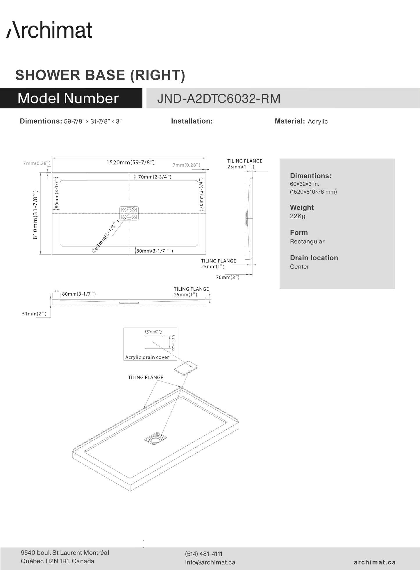Shower Base Rectangle 2 Wall Centre drain Right To Wall 60x32x3 in - JND-A2DTC6032-RM