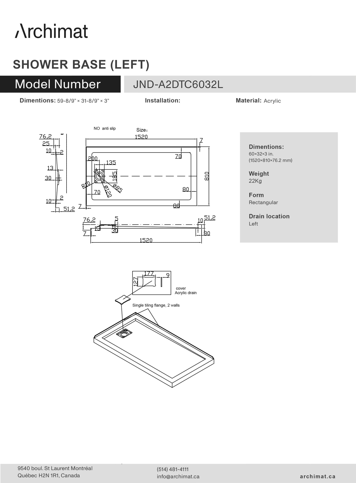Shower Base Rectangle Left Drain 60x32x3 in - JND-A2DTC6032L