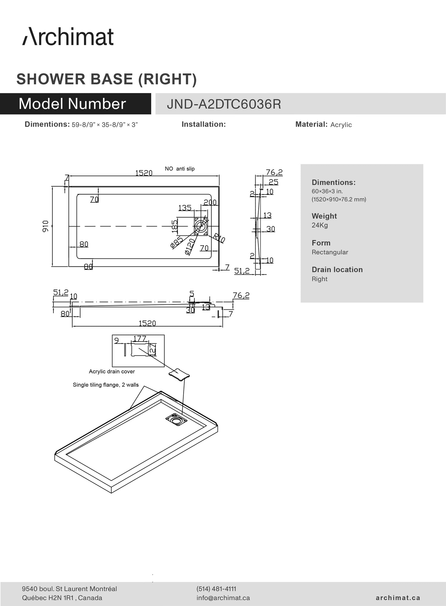 Shower base Rectangle Right Drain 60x36x3 in - JND-A2DTC6036R