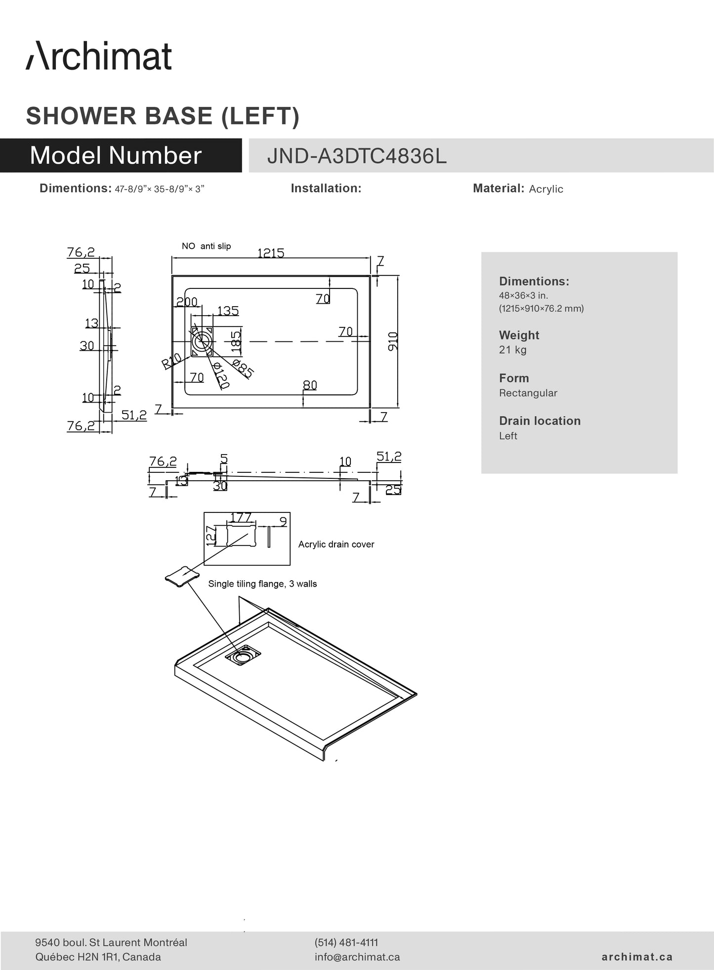 Shower base Rectangle Left Drain 48x36x3 in - JND-A3DTC4836L