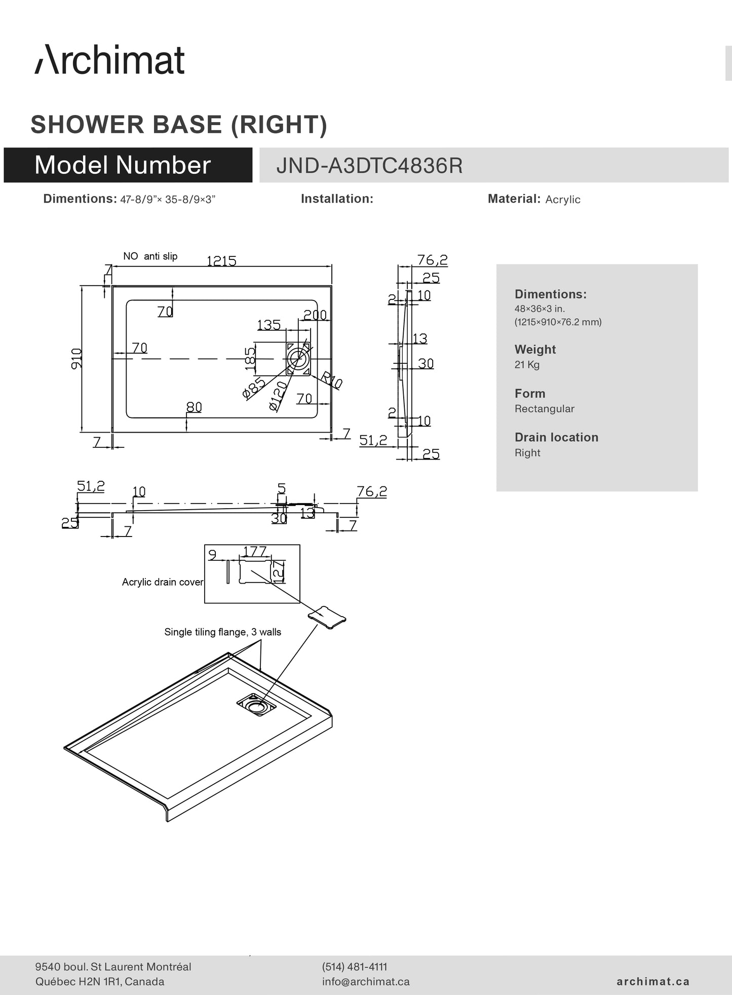 Shower base Rectangle Right Drain 48x36x3 in - JND-A3DTC4836R