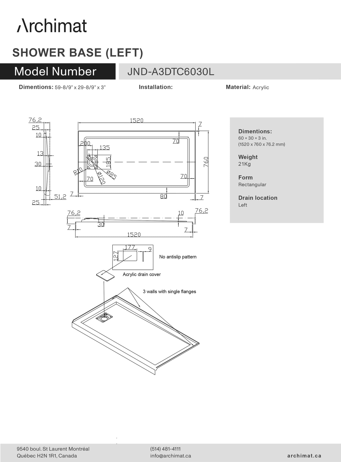 Shower Base Rectangle Left Drain 60x30x3 in - JND-A3DTC6030L