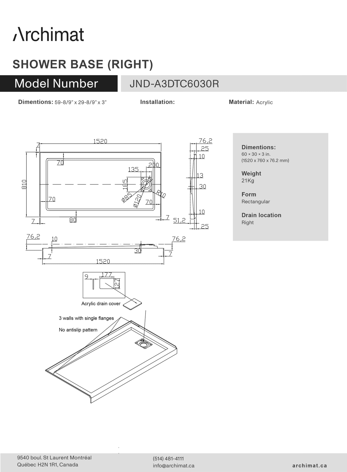 Shower Base Rectangle Right Drain 60x30x3 in - JND-A3DTC6030R