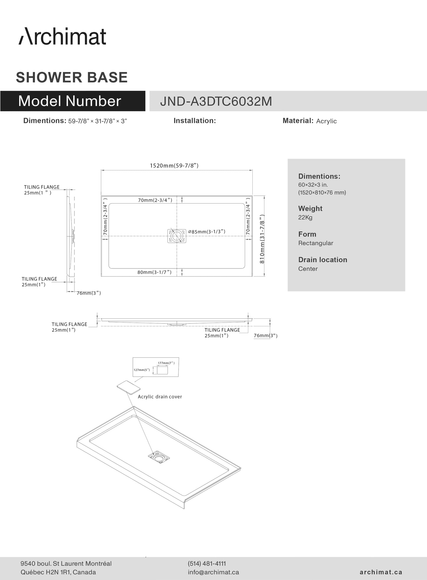 Shower Base Rectangle 3 Wall Centre drain 60x32x3 in - JND-A3DTC6032-M