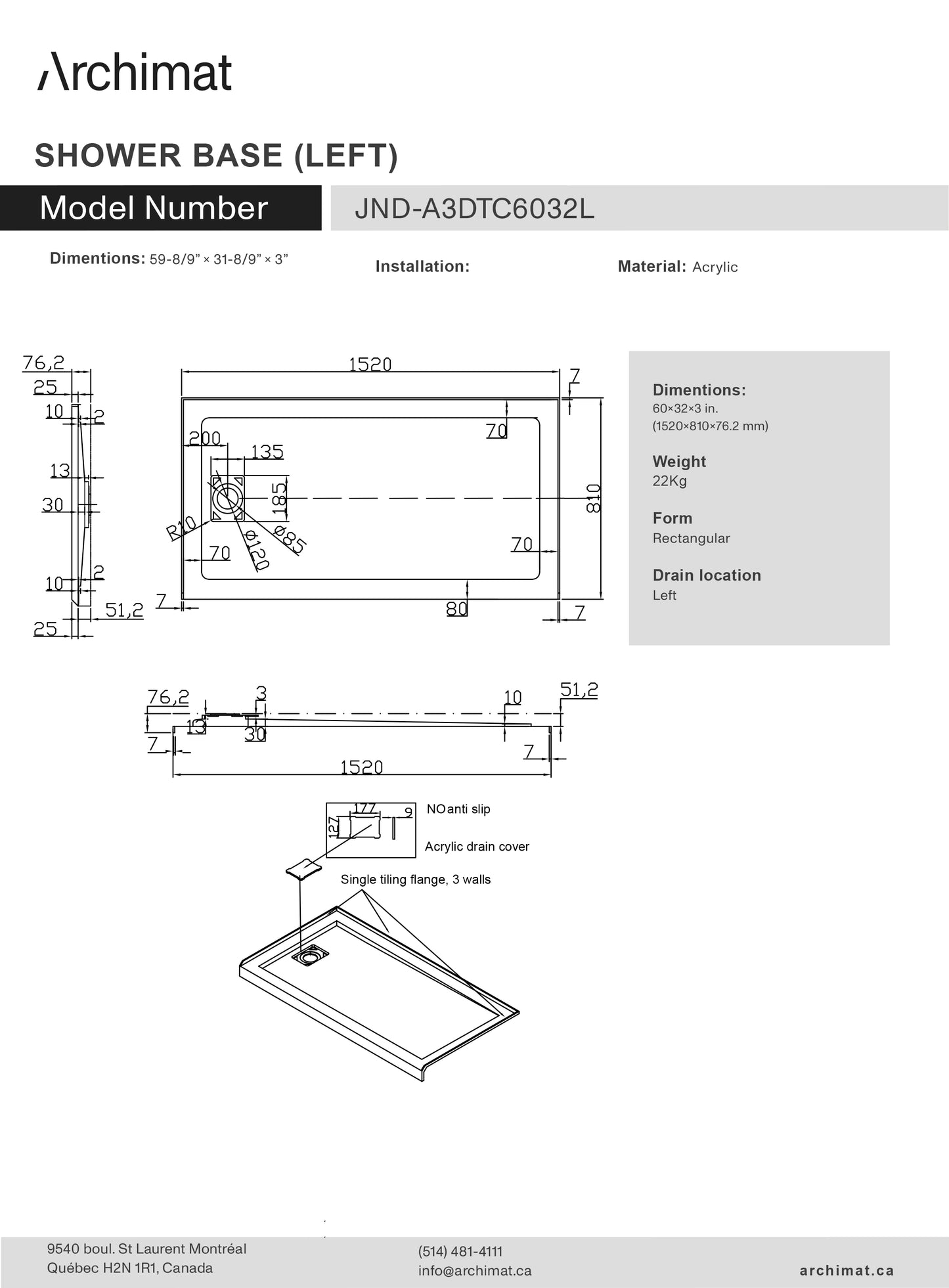 Shower Base Rectangle Left Drain 60x32x3 in - JND-A3DTC6032L
