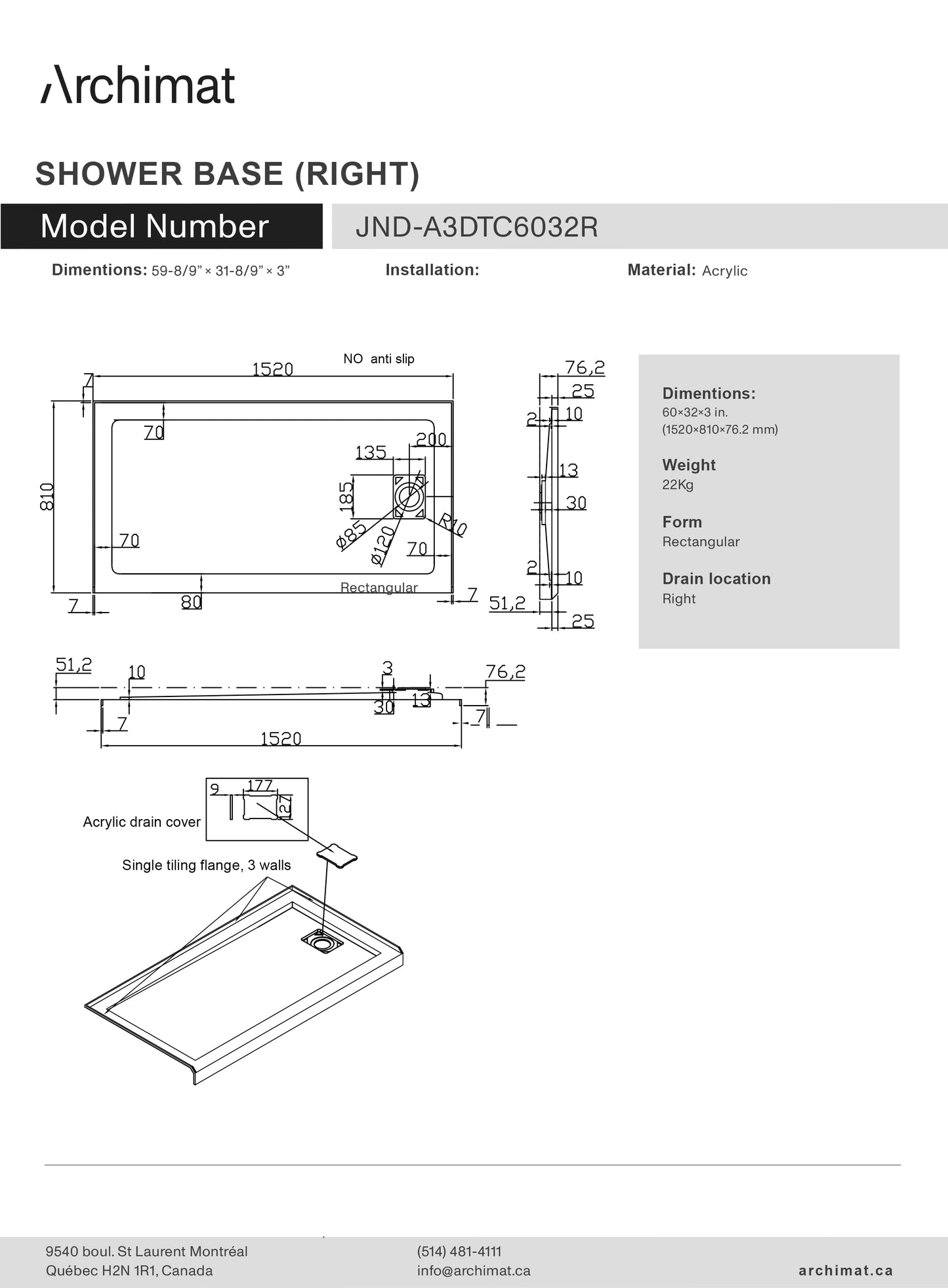 Shower Base Rectangle Right Drain 60x32x3 in - JND-A3DTC6032R