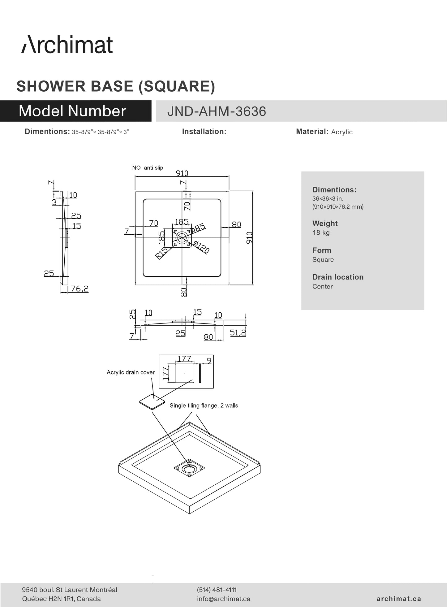 Shower base Square Center Drain  36x36x3 in - JND-AHM-3636