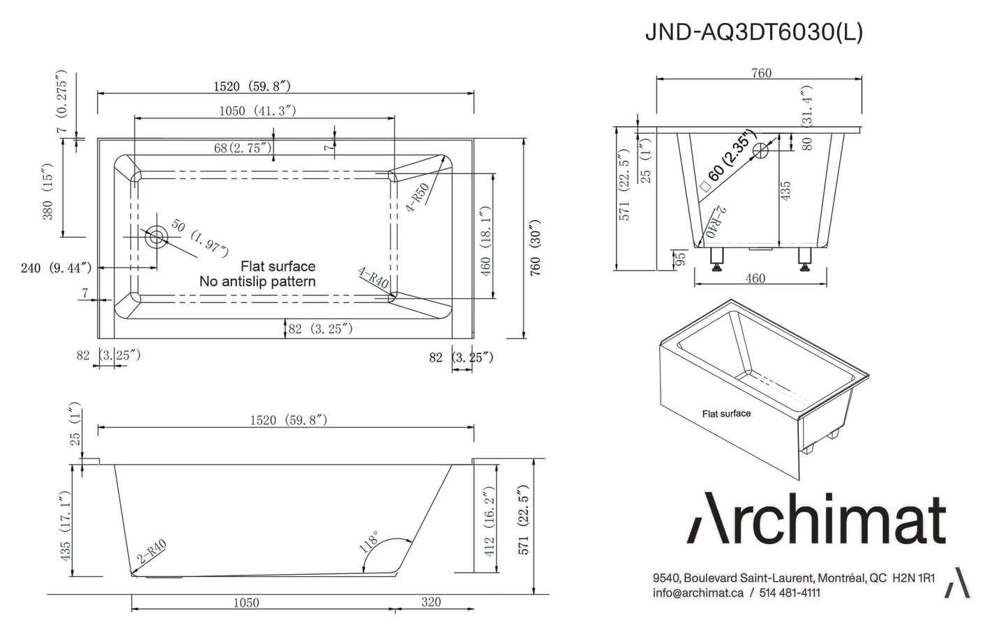 Alcove Bathtub Left Drain 60×30×22.5 in 3 Wall - JND-AQ3DT6030(L)