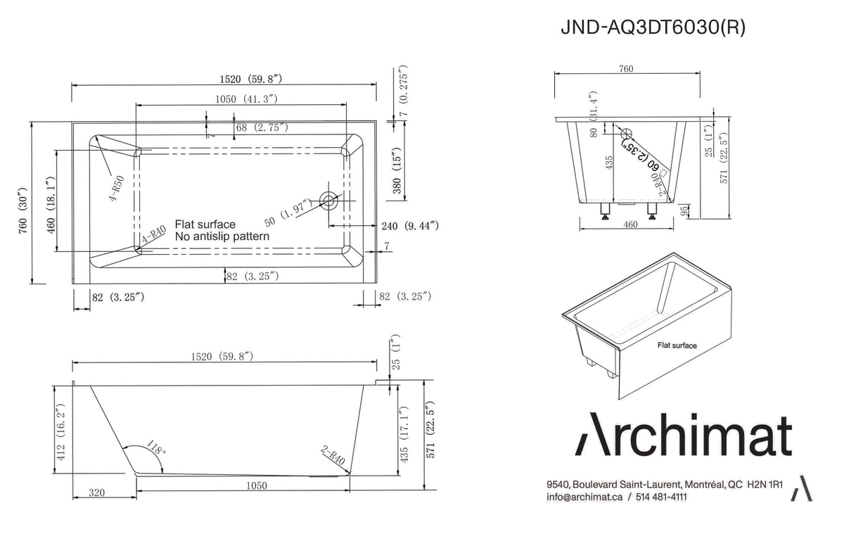 Baignoire en alcôve drain à droite 60x30x22,5 po 3 murs - JND-AQ3DT6030(R)