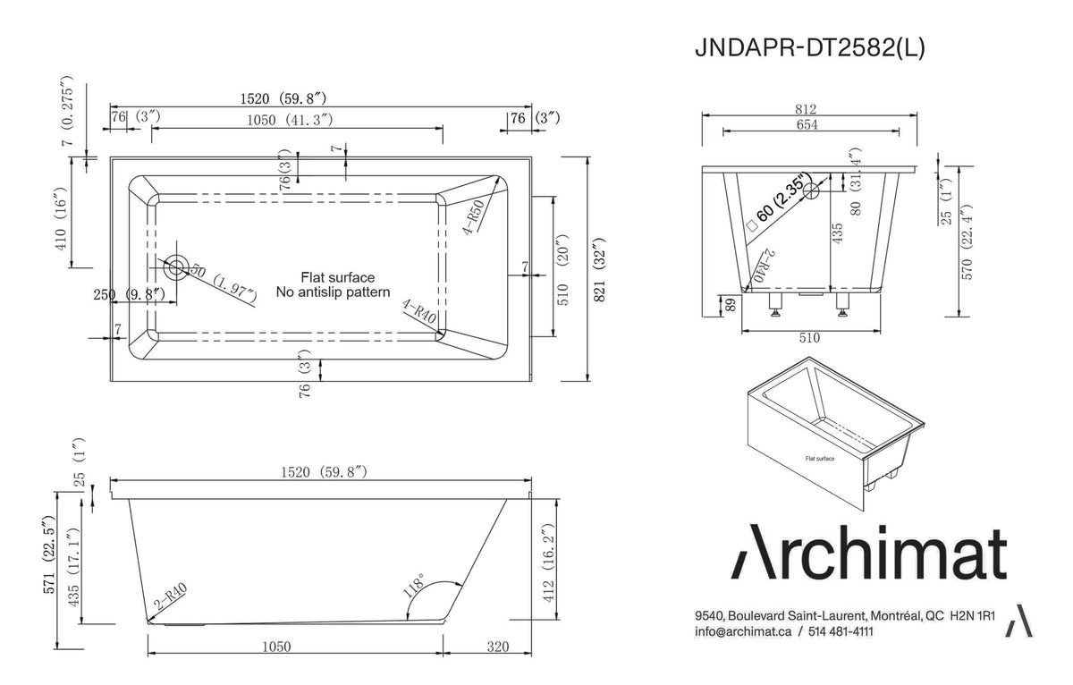 Baignoire en alcôve avec drain à gauche 60x32x22,5 po 3 murs - JNDAPR-DT2582(L)