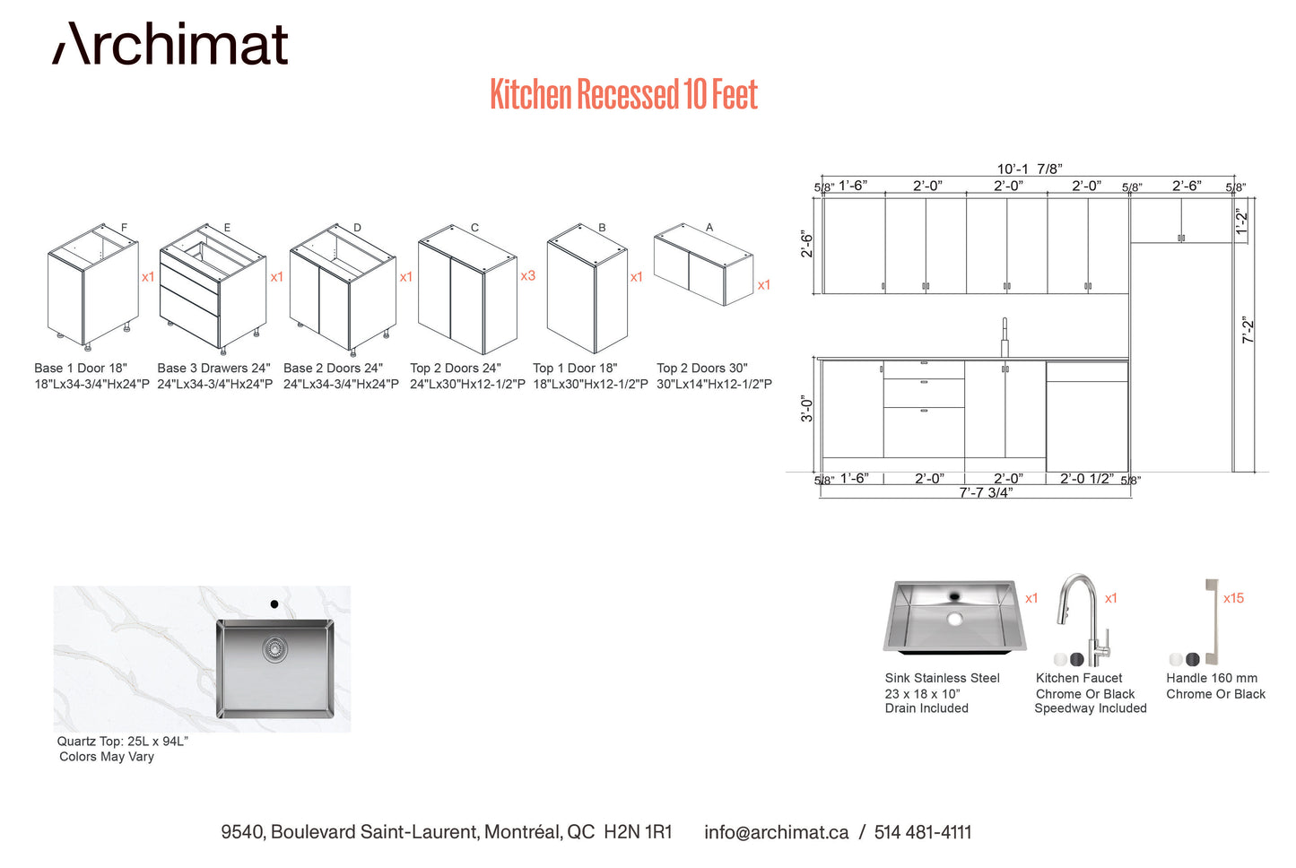 CUISINE ENCASTRÉE DE 10 Pieds - 5 Couleurs