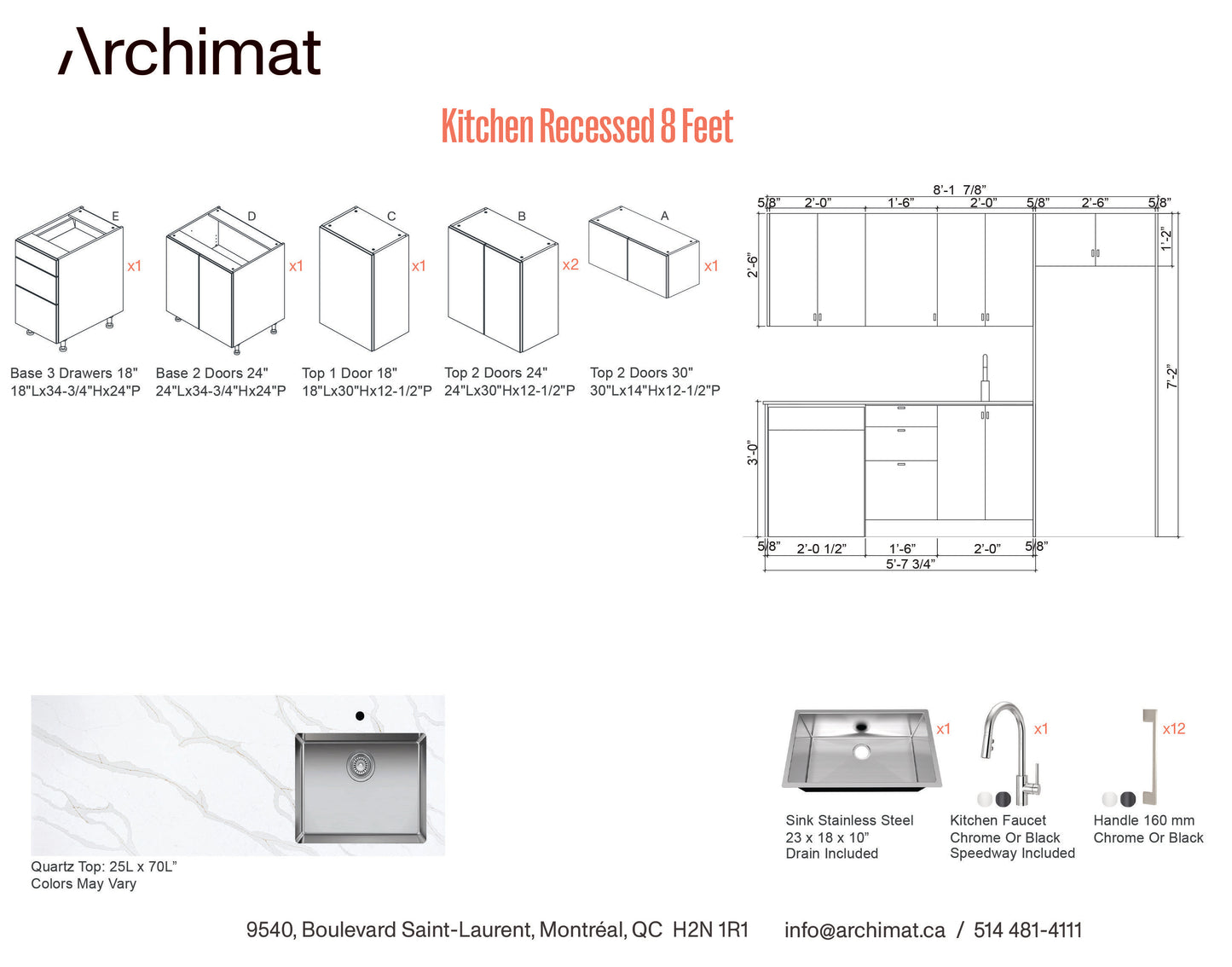 CUISINE ENCASTRÉE DE 8 Pieds - 5 Couleurs