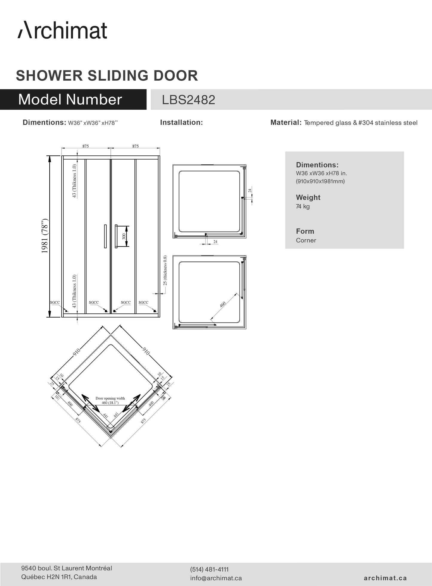Corner Shower Door W36 x W36 x H78 in - LBS2482