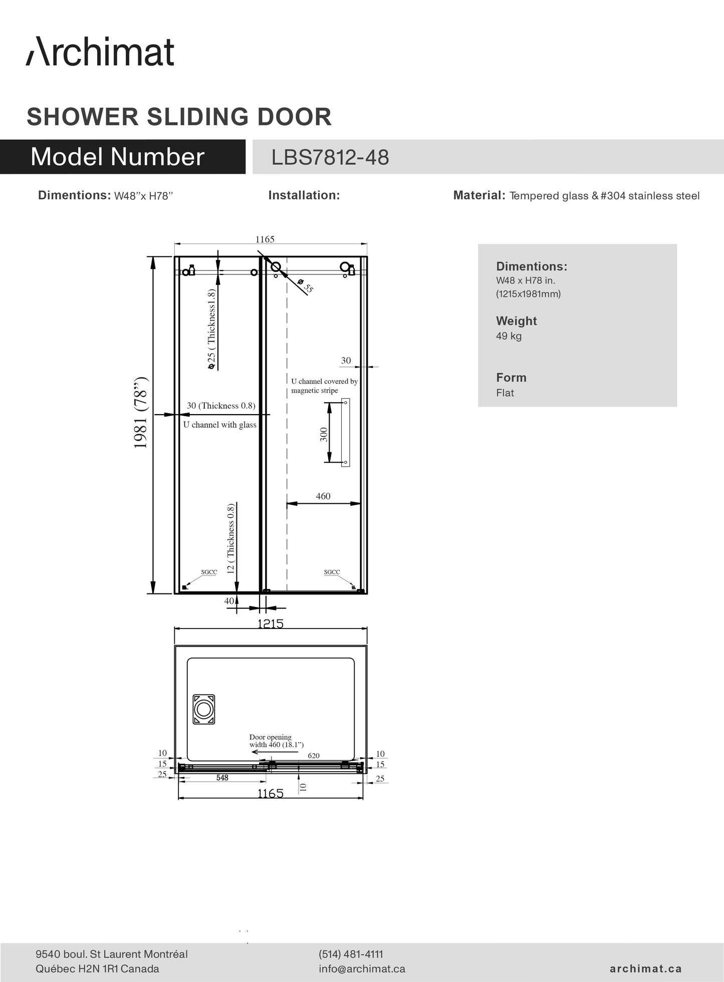 Shower Door W48 x H78 in Round Tube - LBS7812-48