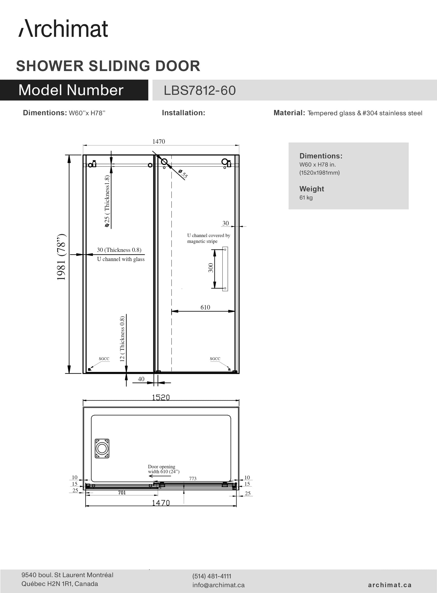 Shower Sliding Door W60 x H78 in. Round Tube - LBS7812-60
