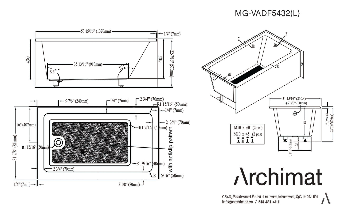 Alcove Bathtub Left Drain Size: 54×32×22 in. 3 Walls - MG-VADF5432(L)