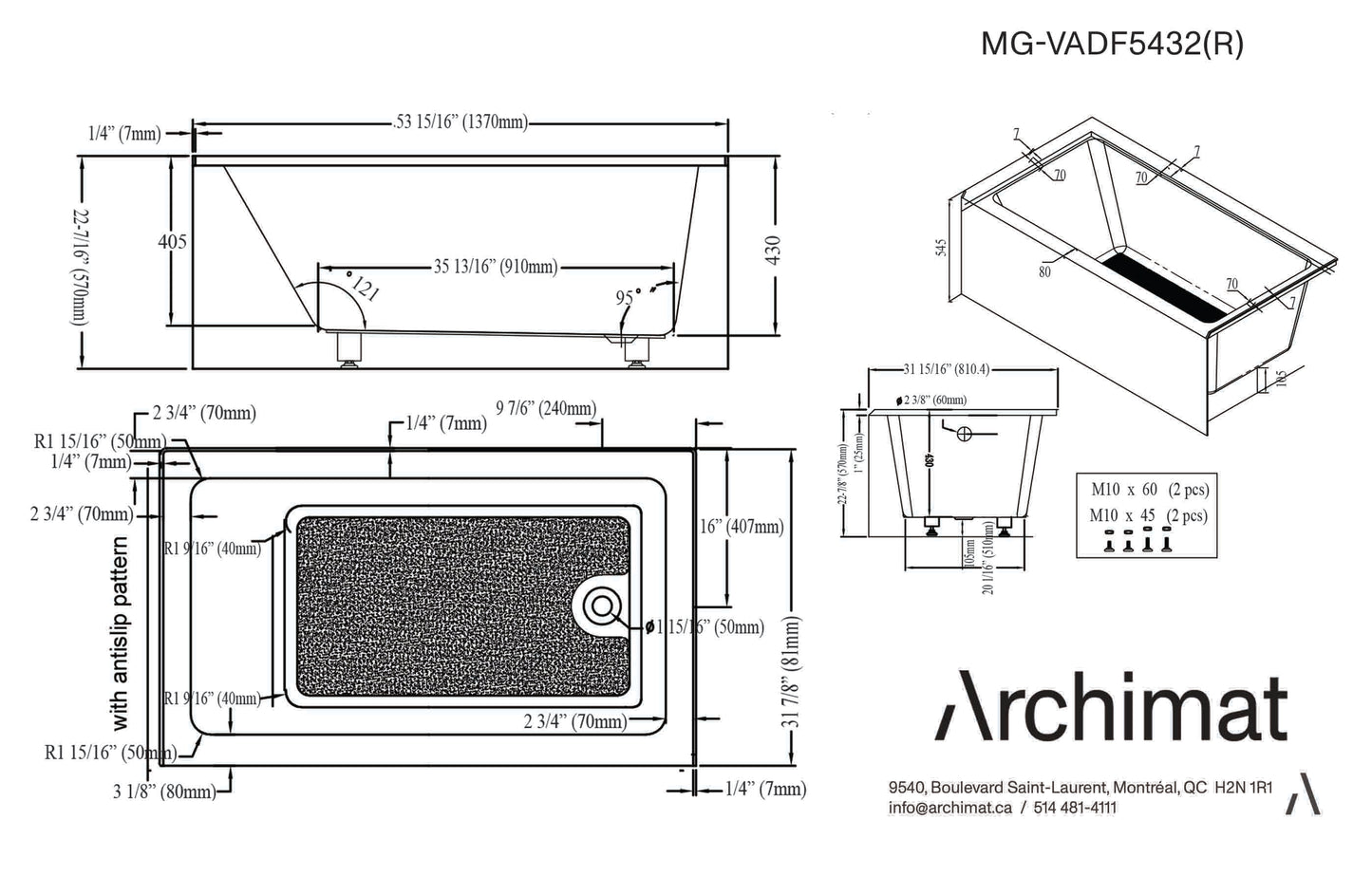Alcove Bathtub Right Drain Size: 54×32×22 in. 3 Walls - MG-VADF5432(R)
