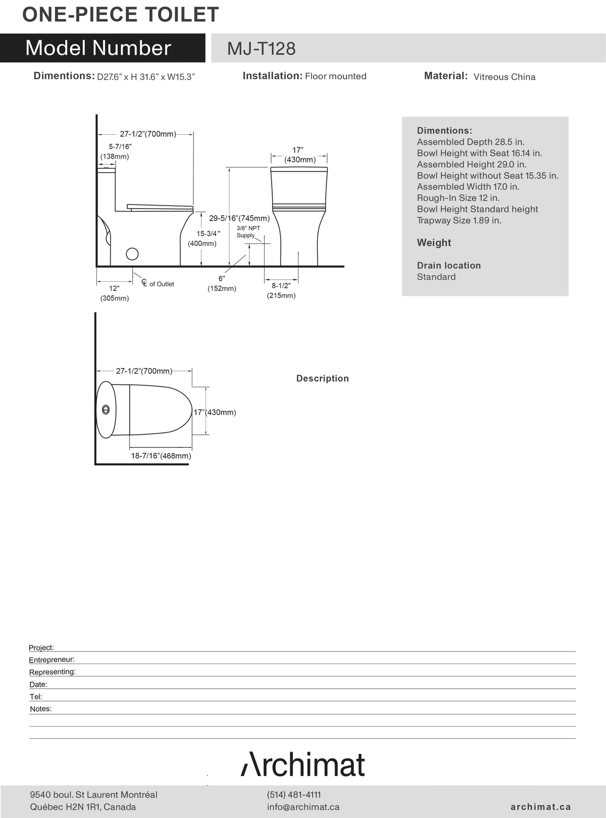 Toilette monobloc, forme de cuvette allongée MJ-T128