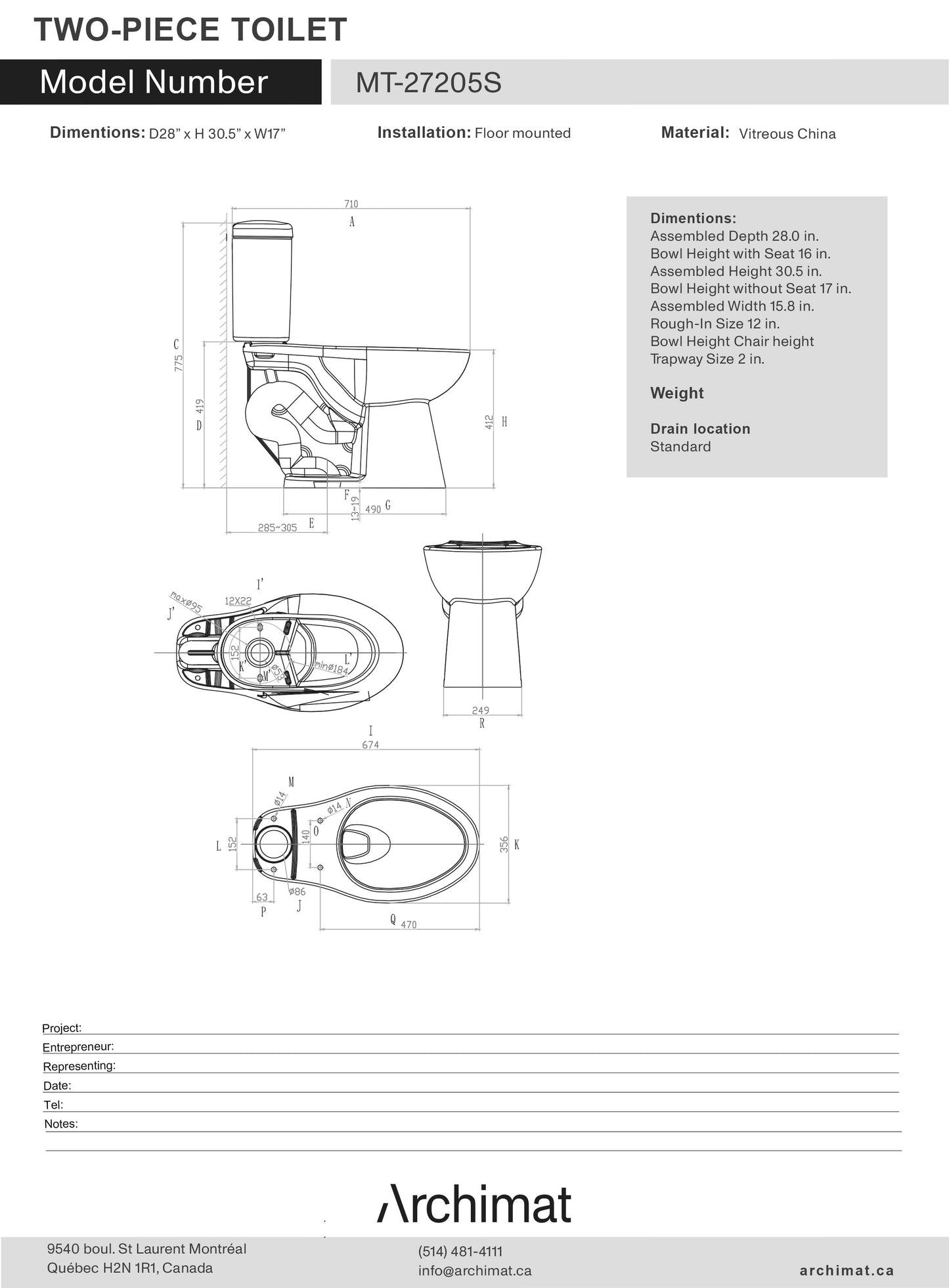 Two-piece toilet, elongated bowl shape MT-27205S