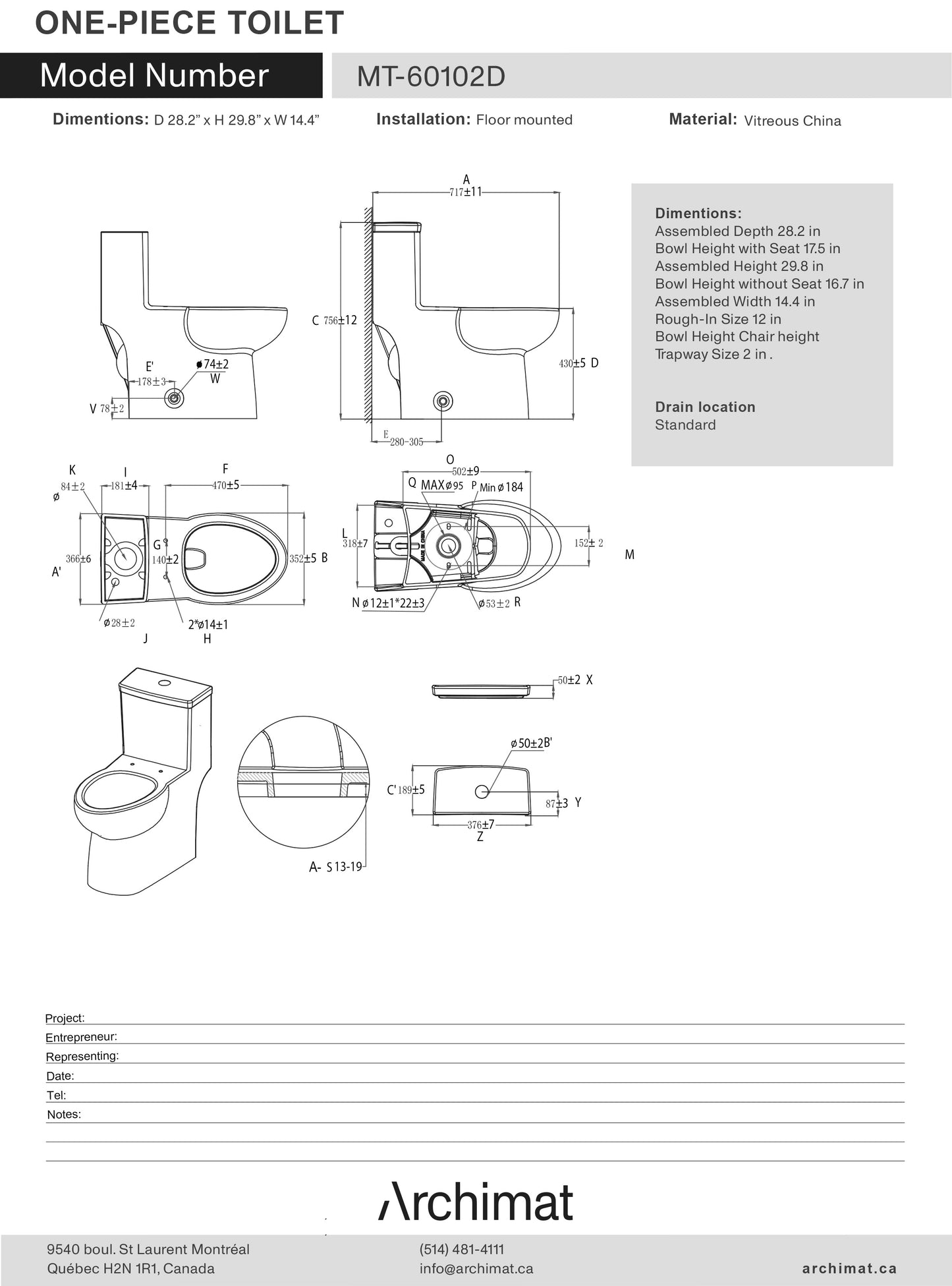 Toilette monobloc, forme de cuvette allongée MT-60102D
