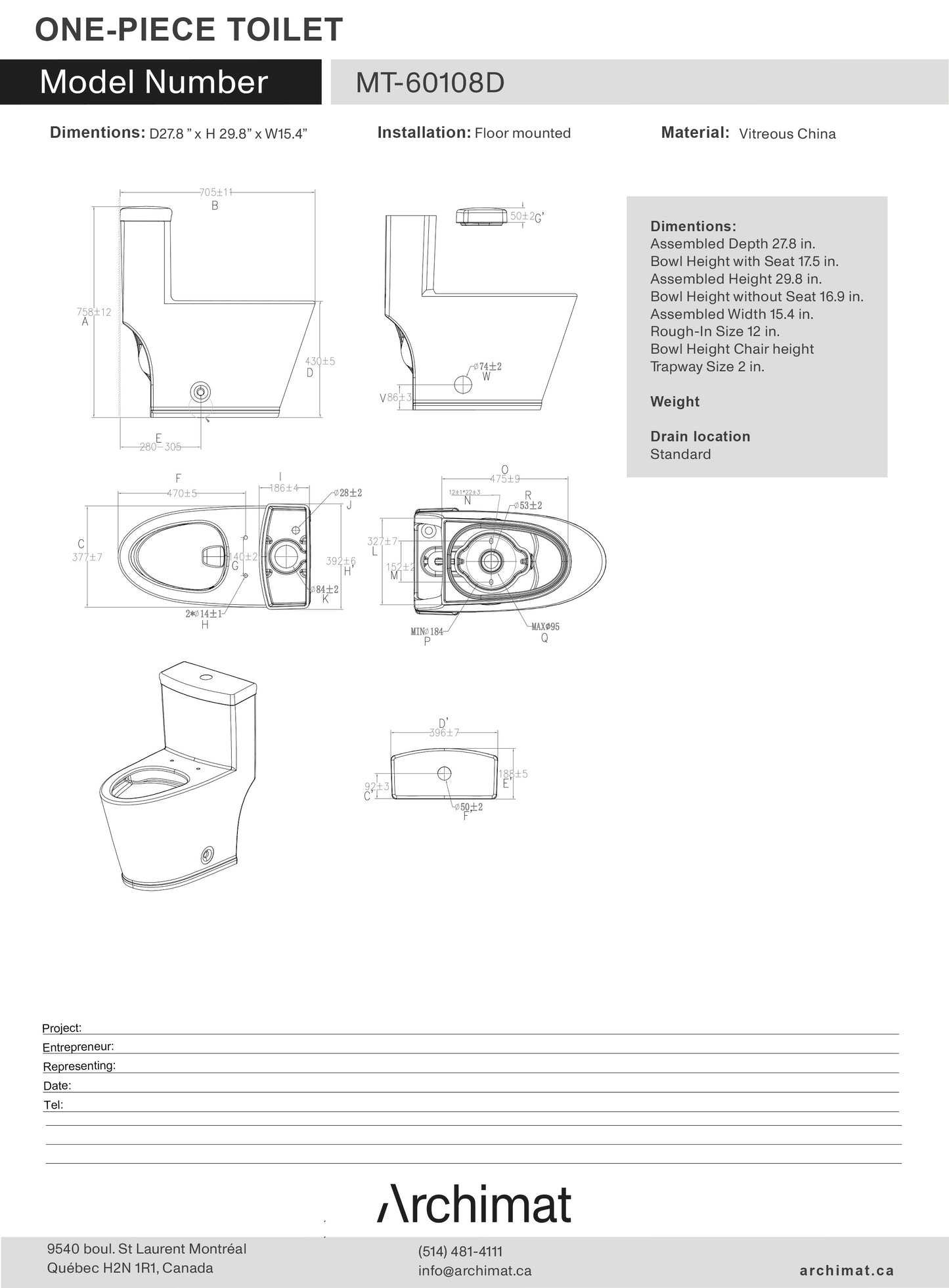 One-piece toilet, elongated bowl shape MT-60108D
