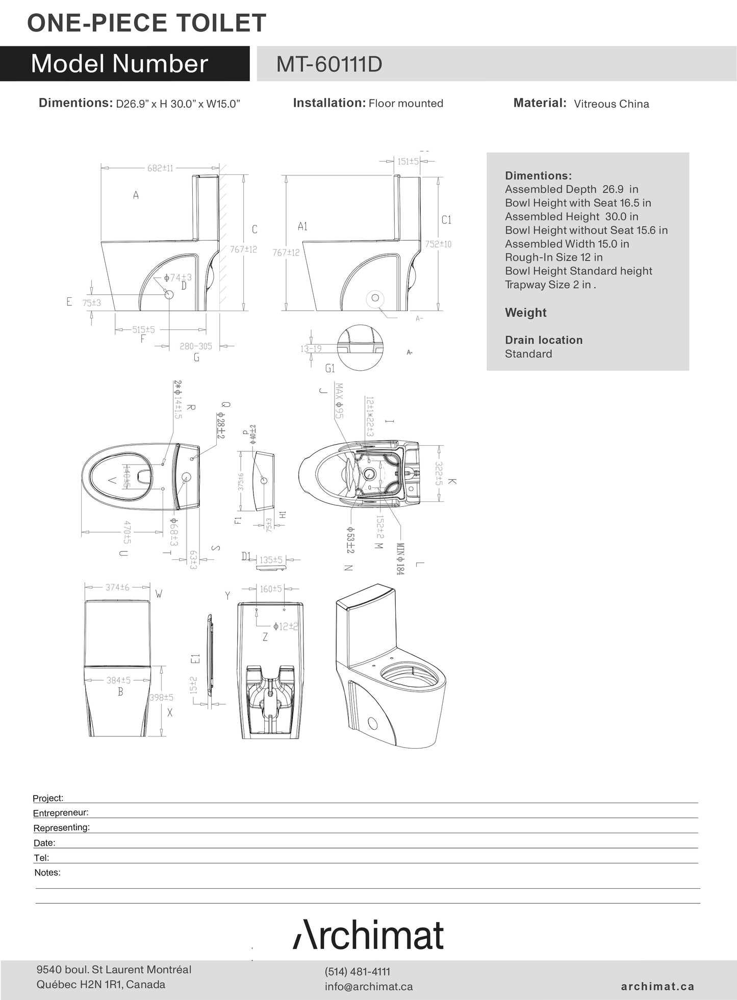 One-piece toilet, elongated bowl shape MT-60111D