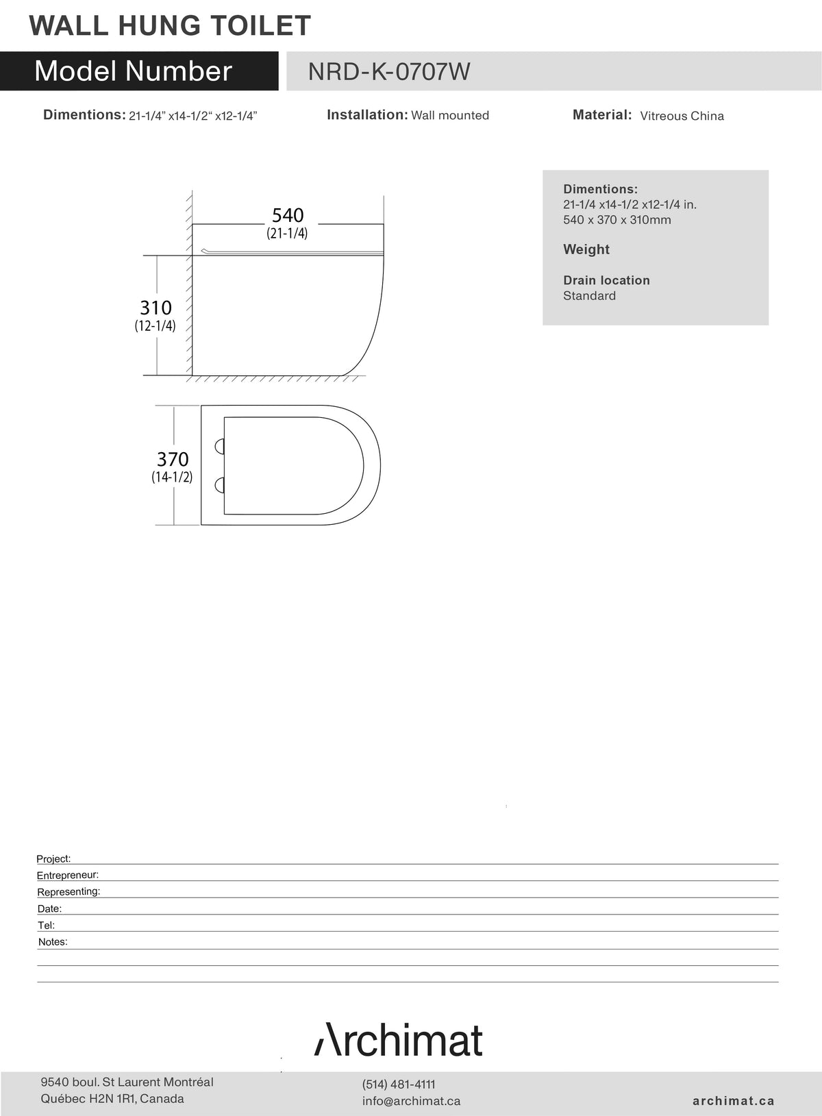 Wall Hung Toilet 21 – 1/4 x 14 – 1/2 x 12 – 1/4 in.  (540 x 370 x 310 mm) NRD-K-0707W
