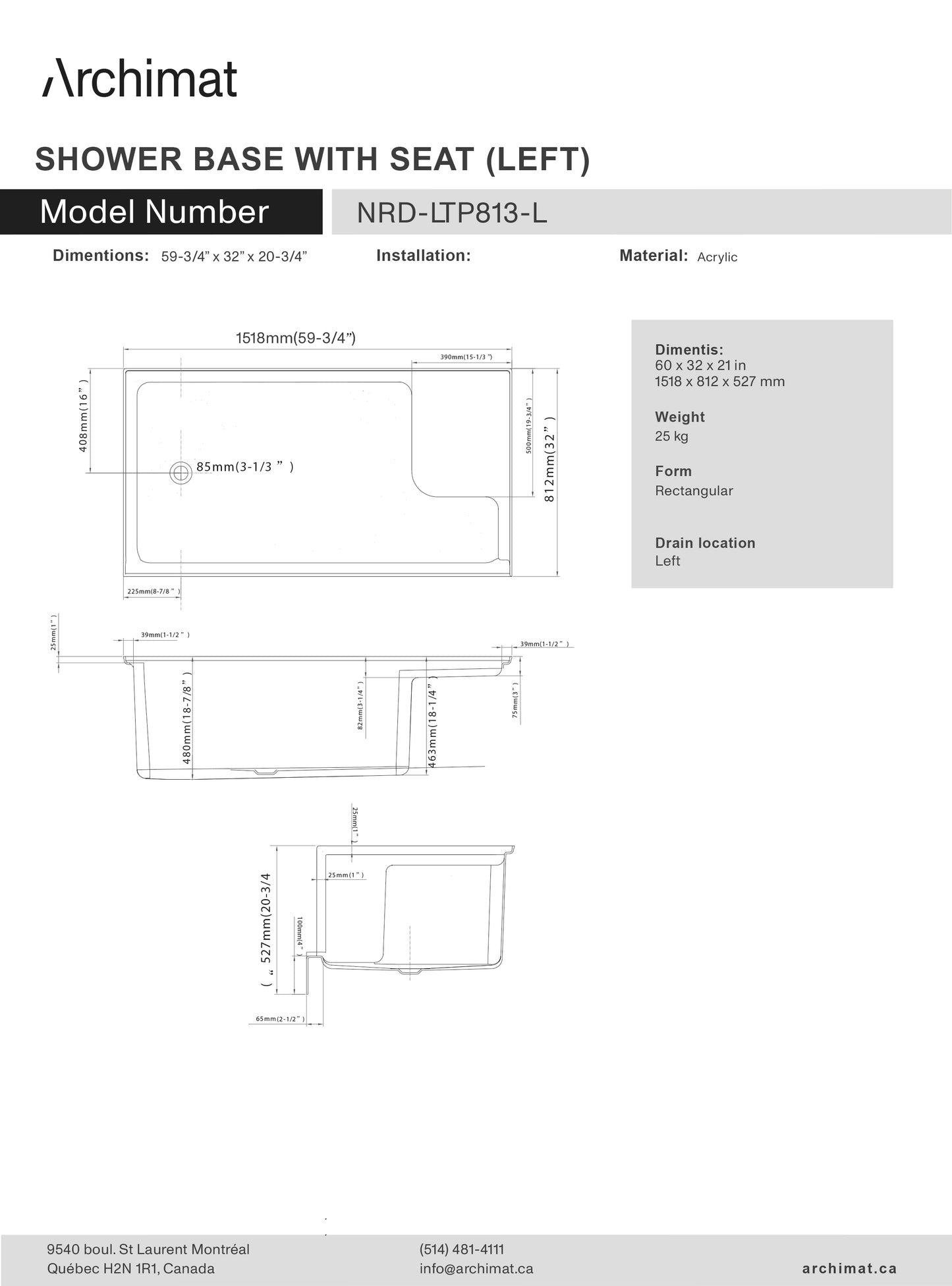Shower base with seat  rectangle Left Drain 60x32x21 in - NRD-LTP813-L