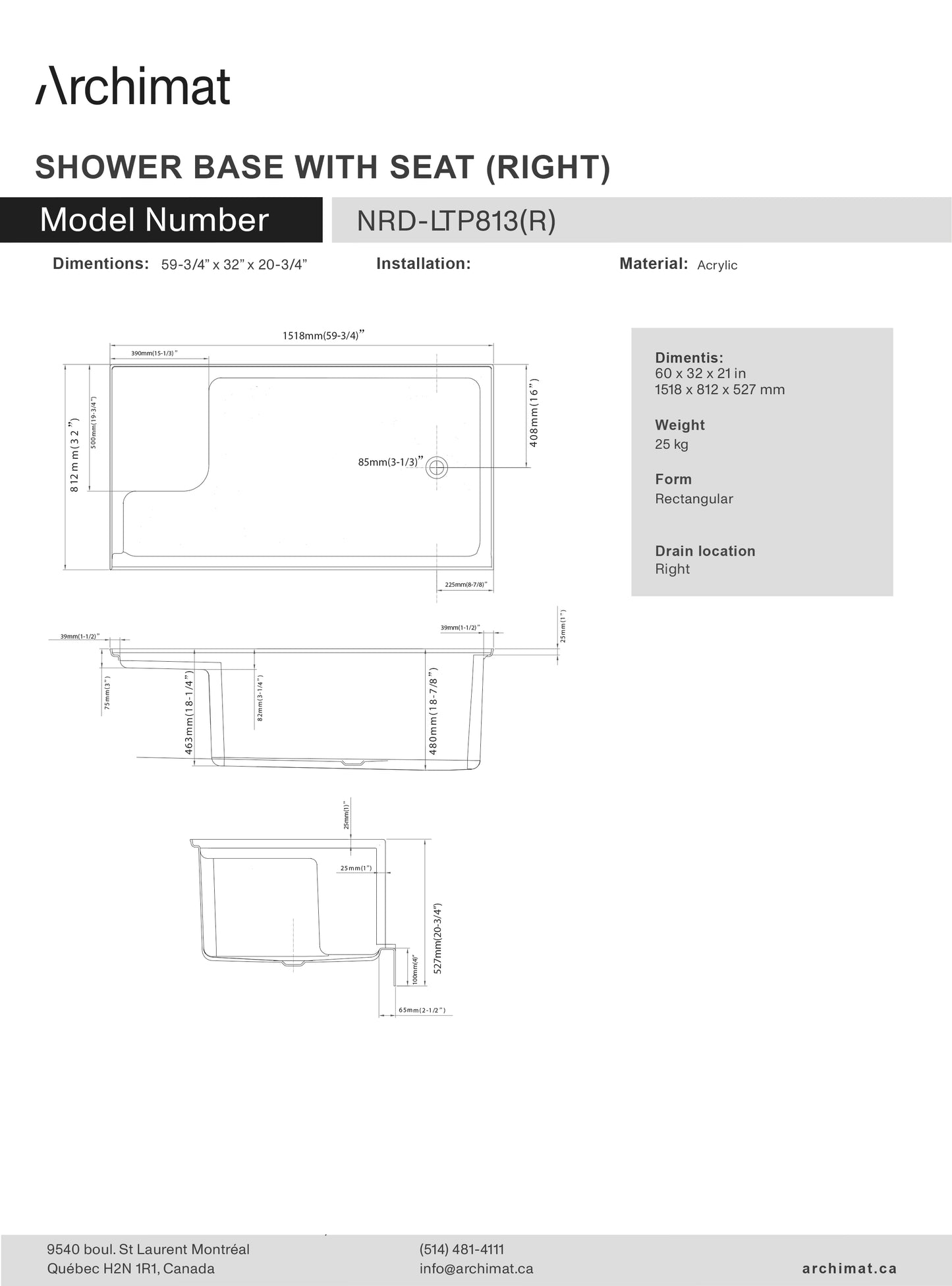 Shower base with seat  rectangle Right Drain 60x32x21 in - NRD-LTP813-R