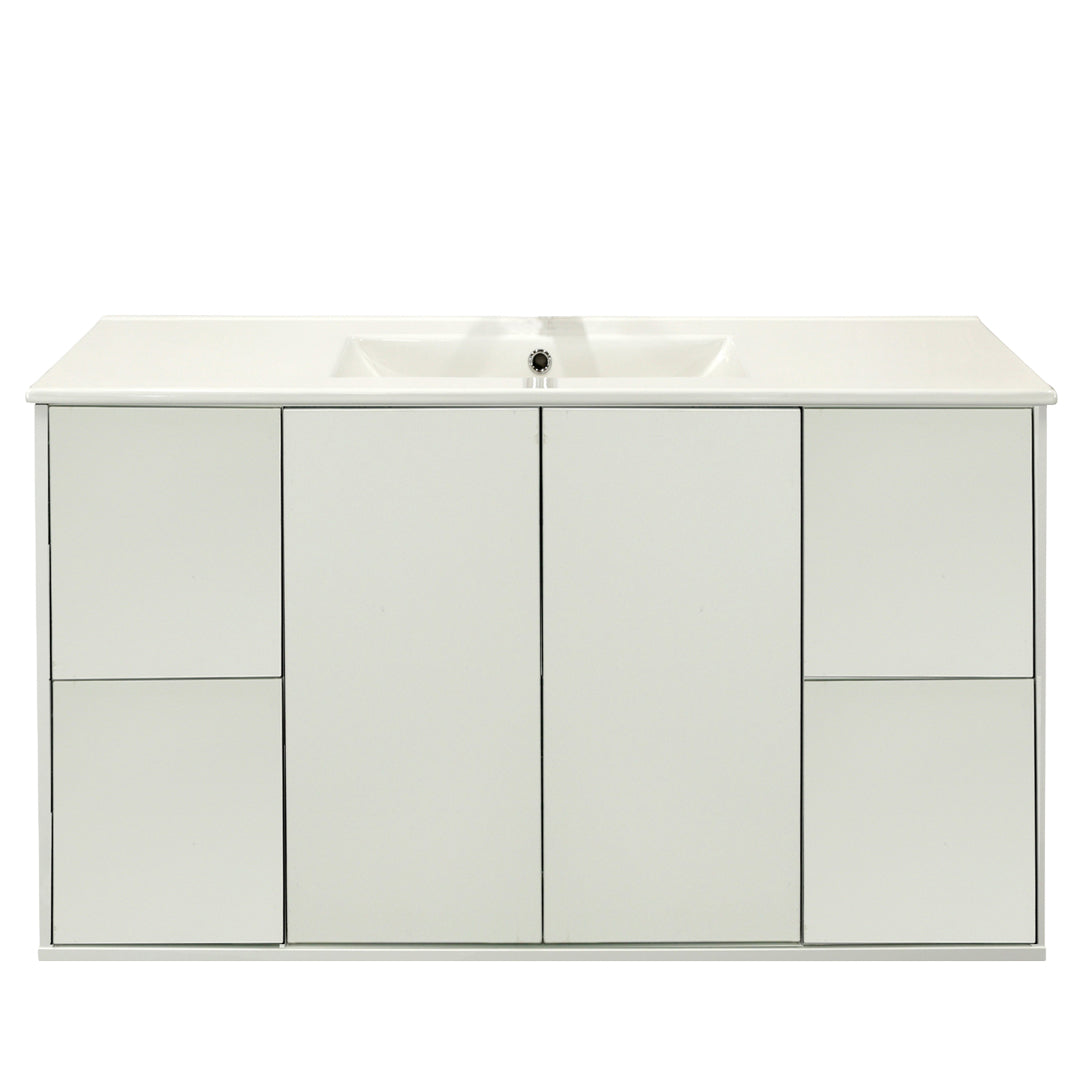 Vanité suspendu blanc laqué de 48 po, 2 portes et 4 tiroirs, avec comptoir