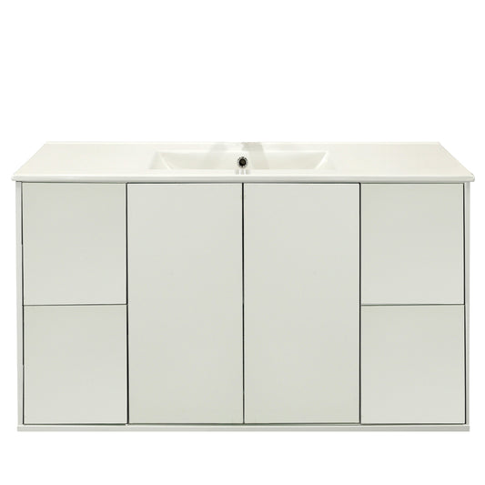 Vanité suspendu blanc laqué de 48 po, 2 portes et 4 tiroirs, avec comptoir